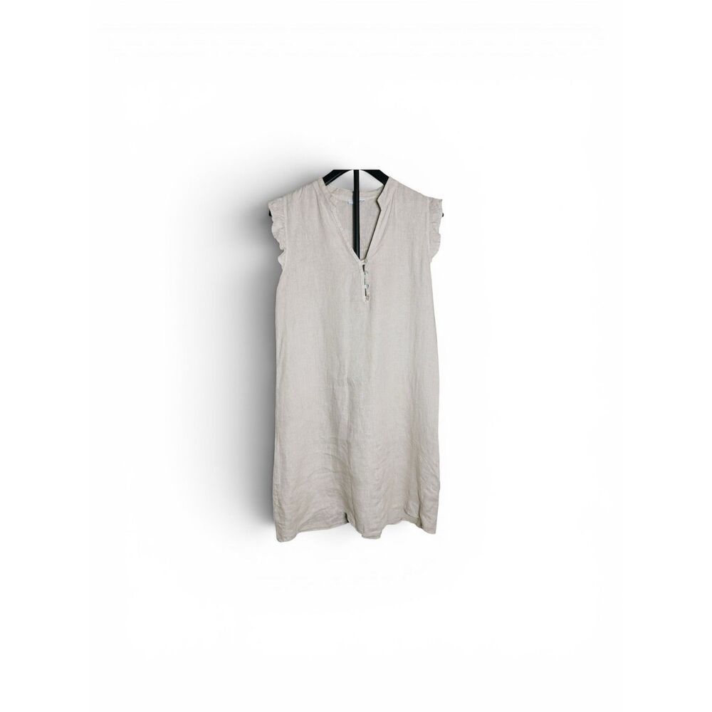 Rosettewear Women Linen Mini Shift Dress Beige Ruffle Cap Sleeve Size M